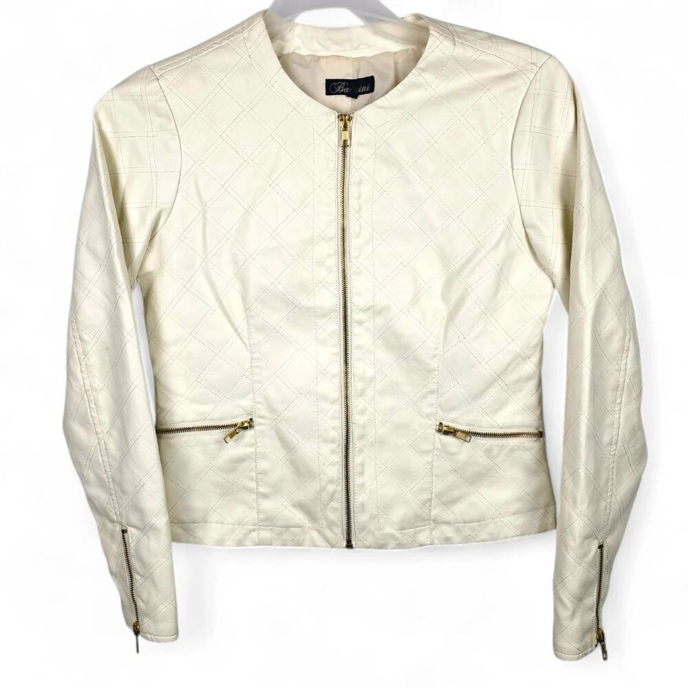 Baccini Cream Vegan Leather Jacket Quilted Moto Biker Coat Size M Zip *READ